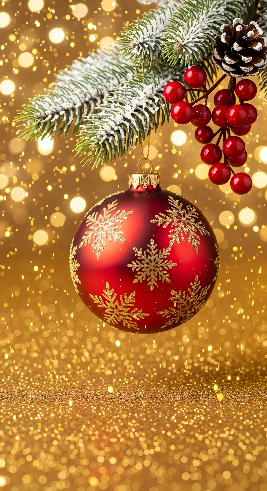 Red Christmas Ornament with Gold Snowflake Bokeh Lights - Free 4K mobile Wallpaper