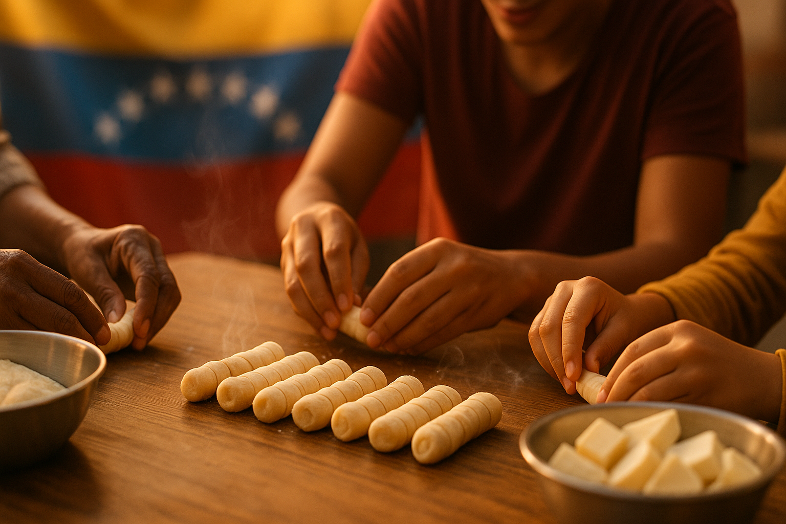 Manos de venezolanos preparando tequeños en una mesa, con ambiente cálido y comunitario