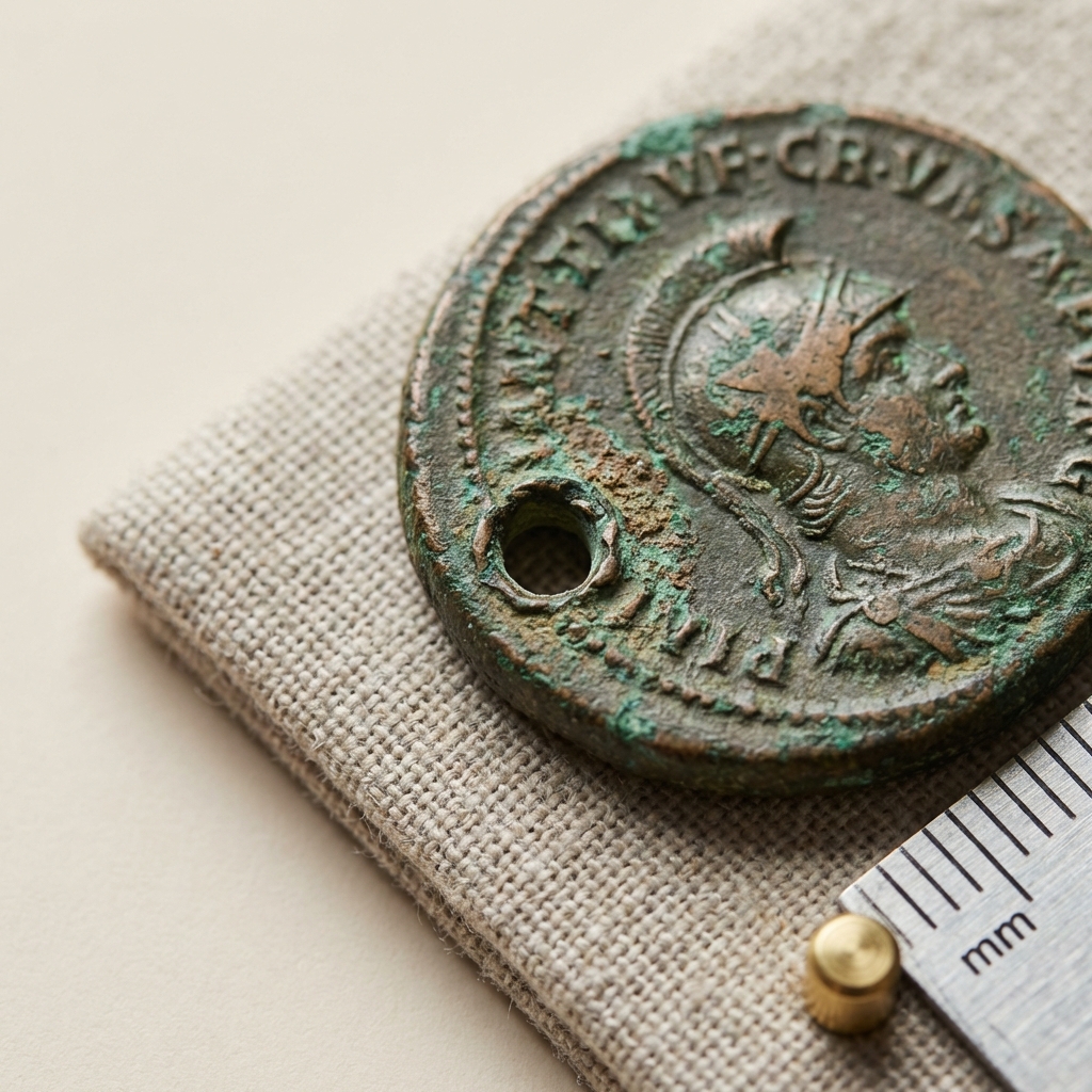 Macro photo of an ancient roman coin necklace showing a drilled hole and surrounding patina with a metal scale ruler on a beige background ede7da