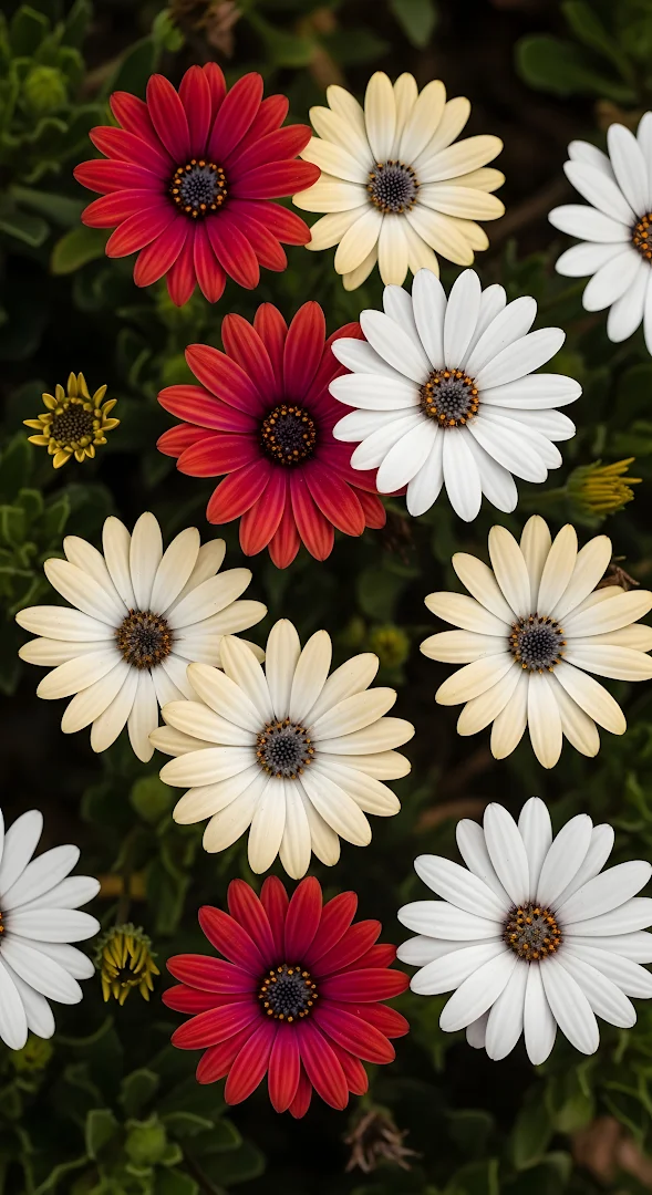 Vibrant Red and White African Daisy Flower Cluster Macro
