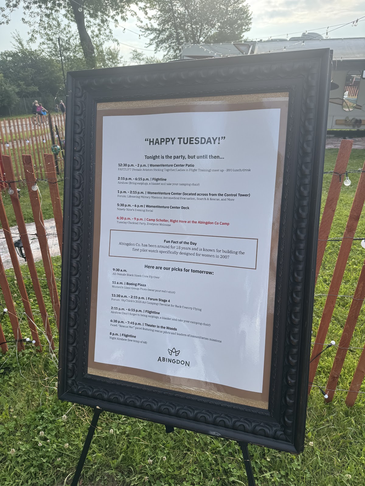The Happy Tuesday daily itinerary sign on Schaick Avenue