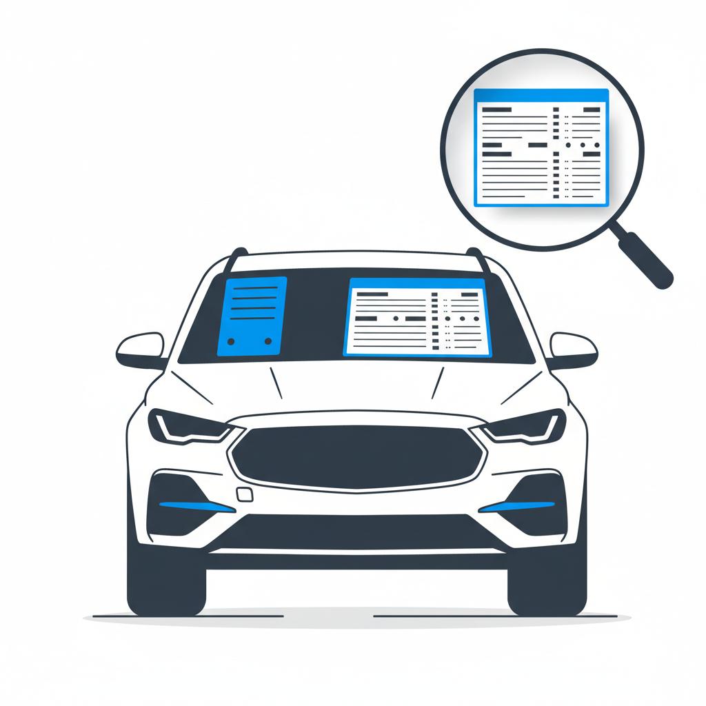 Minimalist 2D vector showing dealer lot close up of a high performance SUV with window stickers and a highlighted build sheet on the windshield trackhawk jeep for sale
