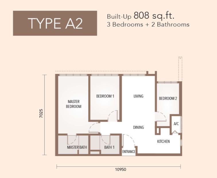 The Maple Residences Type A2 floor plan — 889 sq ft, 3 bedrooms