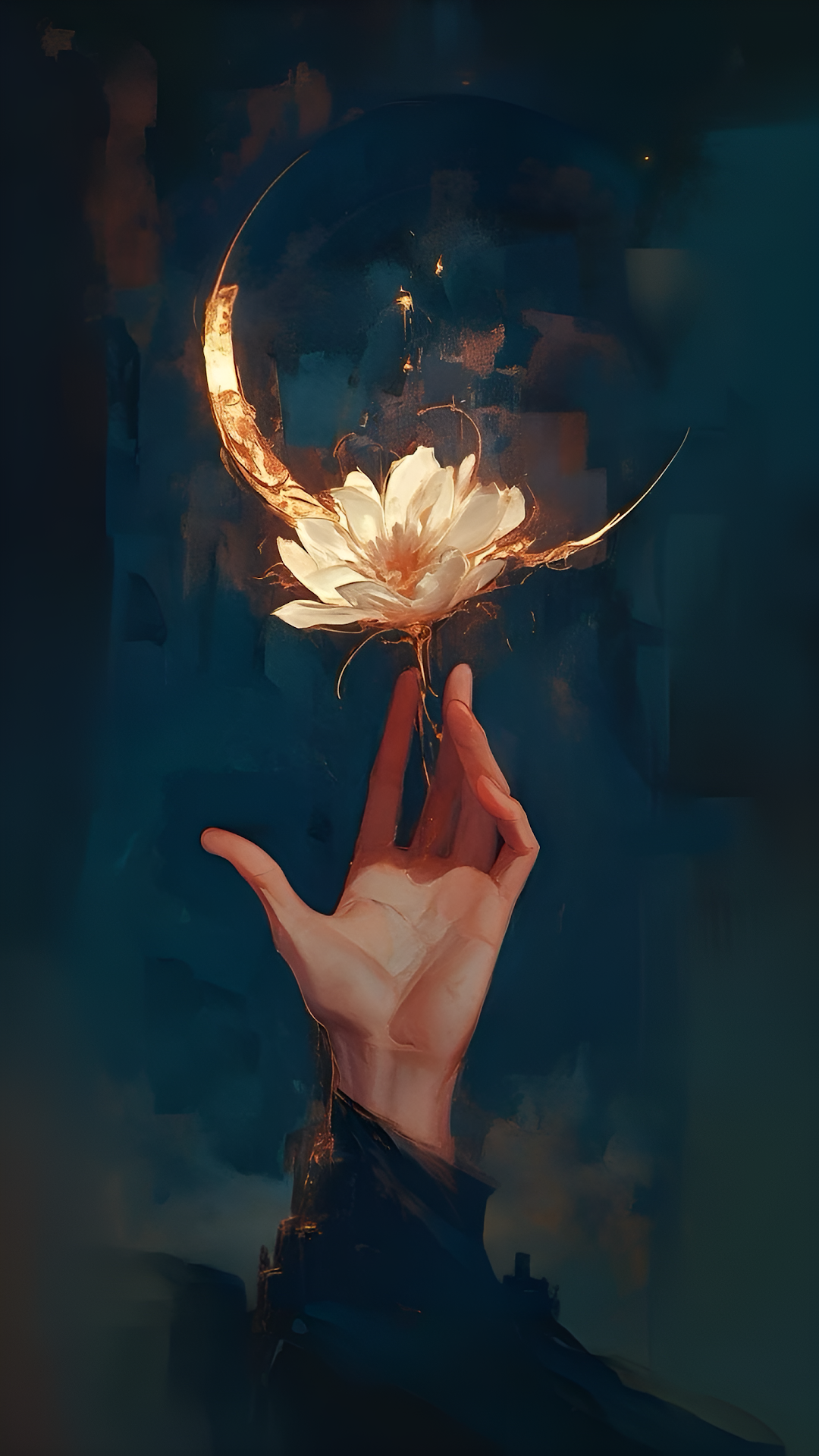 Golden Crescent Moon and Glowing Lotus Flower Painting - Free 4K mobile Wallpaper