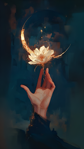Golden Crescent Moon and Glowing Lotus Flower Painting