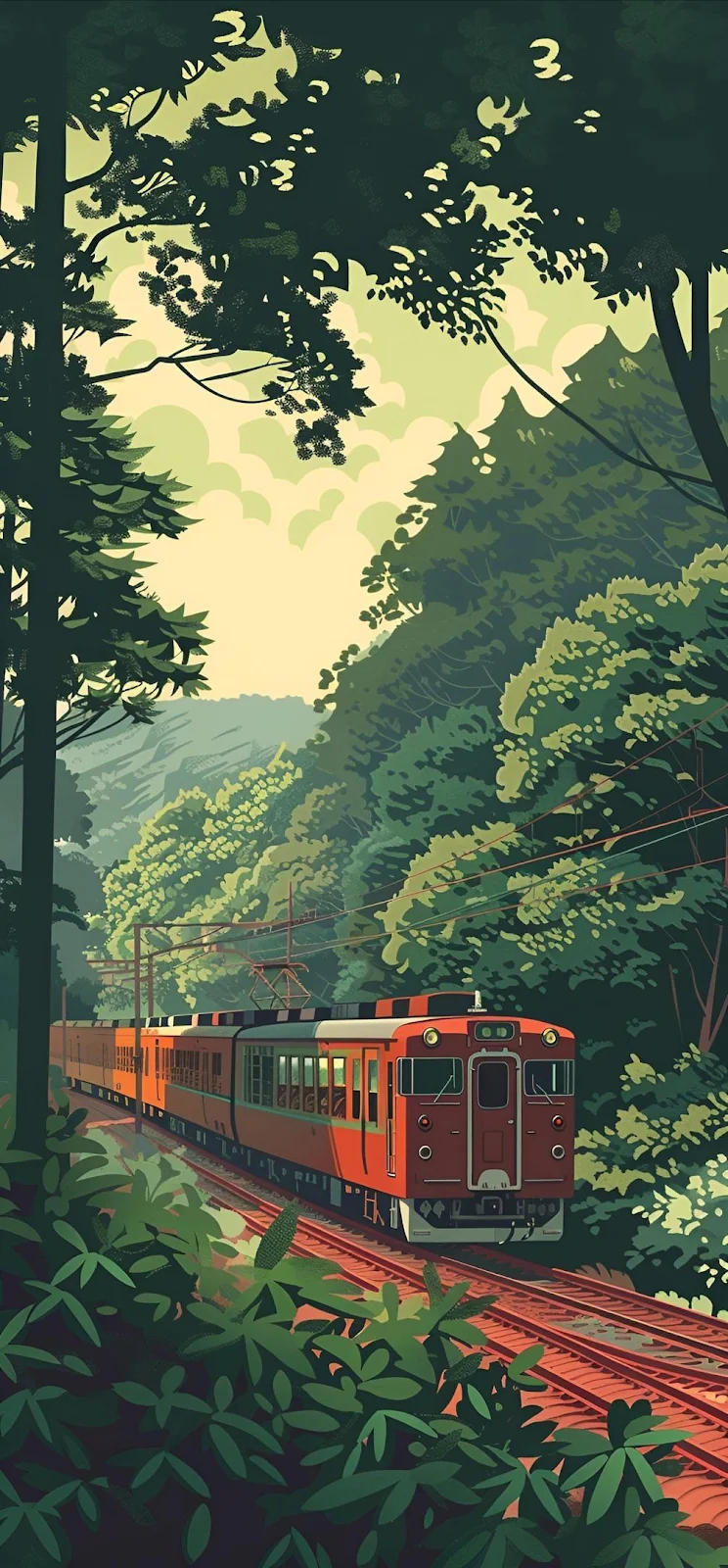 Red Train in Lush Forest - Vector Illustration iPhone Wallpaper (1005x2160)