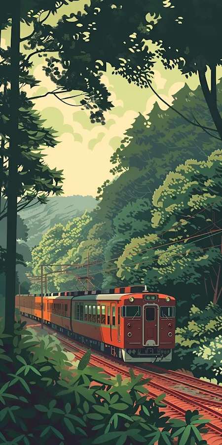 Red Train in Lush Forest iPhone Phone Wallpaper