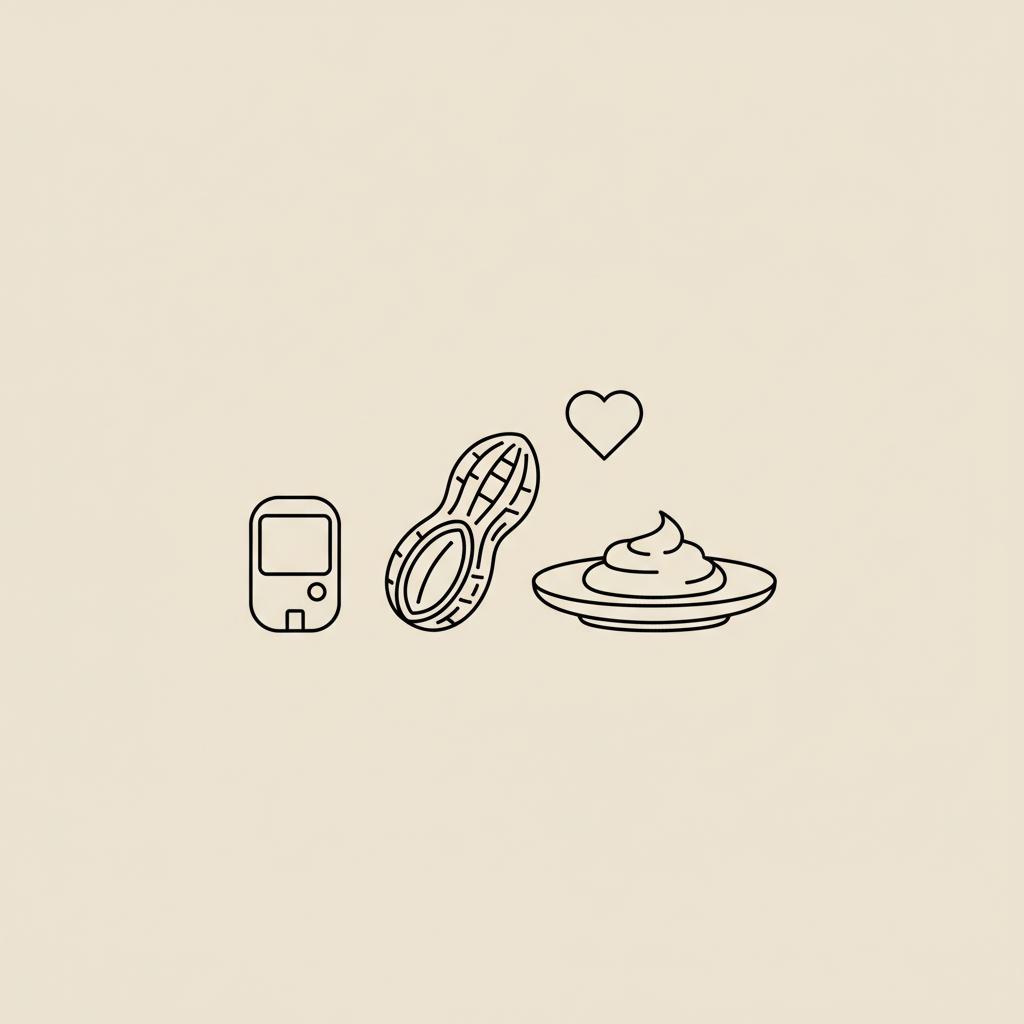 Minimal thin-line vector of a peanut, small plate with a tablespoon scoop, a heart icon and a blood-glucose meter illustrating peanut butter and metabolic syndrome