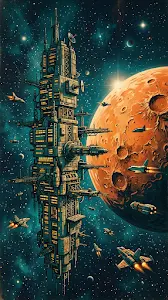 Retro Sci-Fi Digital Illustration of a Massive Space Station and Distant Moon