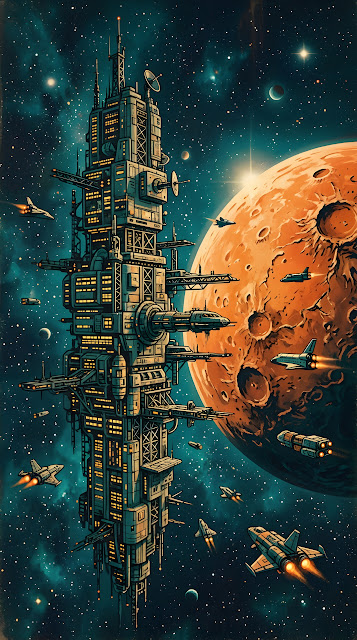 Retro Sci-Fi Digital Illustration of a Massive Space Station and Distant Moon - Free mobile Wallpaper