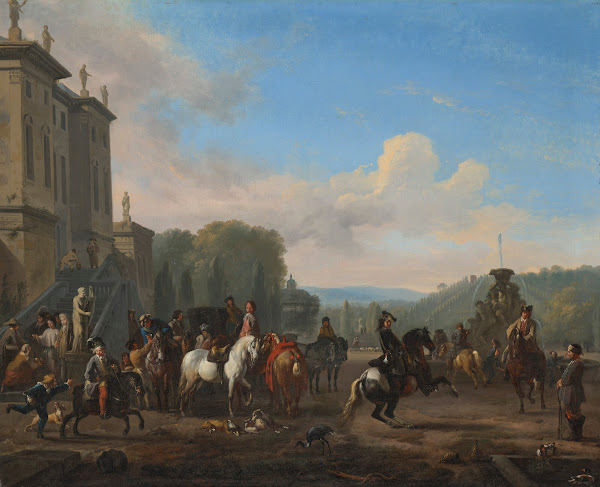 A hunting party preparing to depart from a country villa