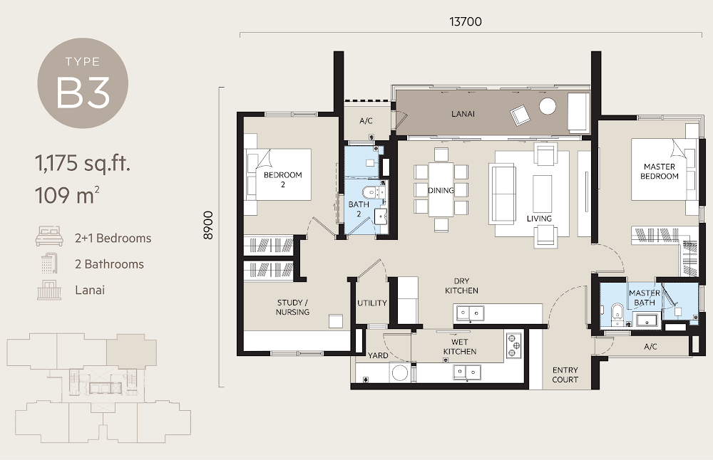OAKA Residences Type B3 floor plan — 1243 sq ft, 3 bedrooms