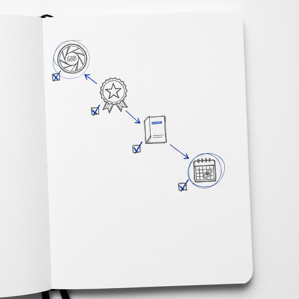 Minimalist top-down planner page with sketched icons for GBP photos, reviews, flyer drop and booking link &mdash; a visual checklist to find cleaning clients near me