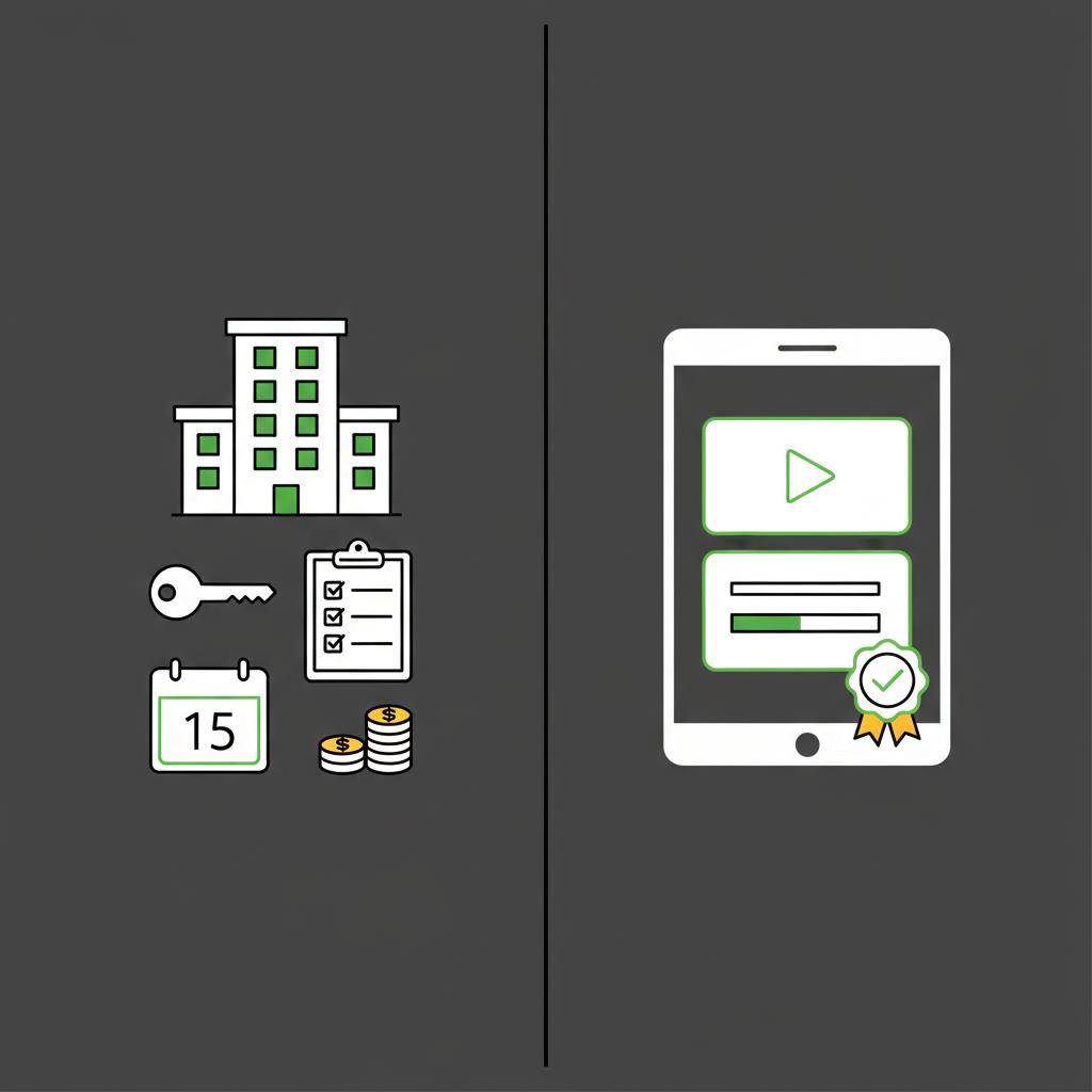 Minimalist 2D vector split showing rental property management icons on left and a digital course dashboard on right representing business for passive income
