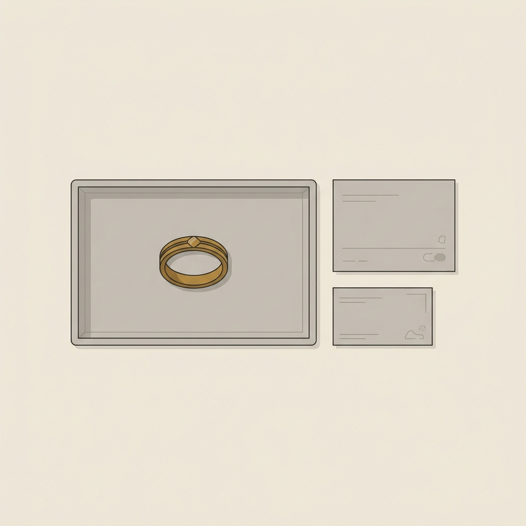 Minimalist vector illustration of ancient egyptian wedding rings on archival foam with blank museum label and catalogue card in Aurora Antiqua colors