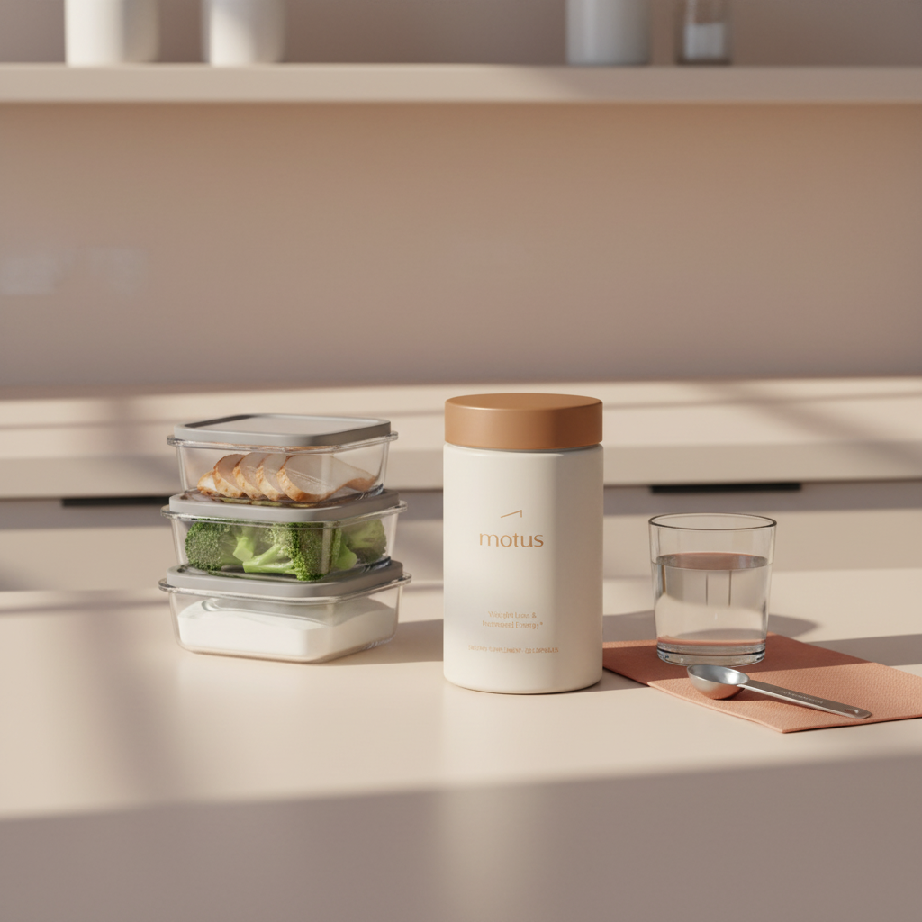 Tonum Motus supplement jar beside meal-prep containers with chicken, broccoli and Greek yogurt on a minimalist kitchen counter — how to get 30g protein low calories