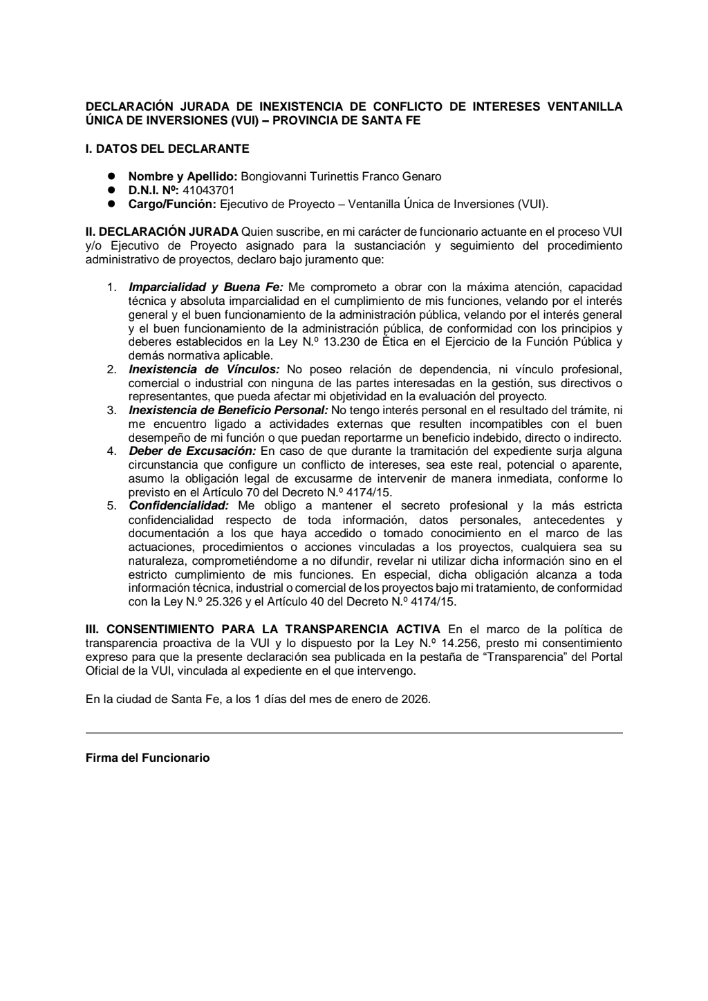 Primera página de la declaración jurada de Franco Bongiovanni