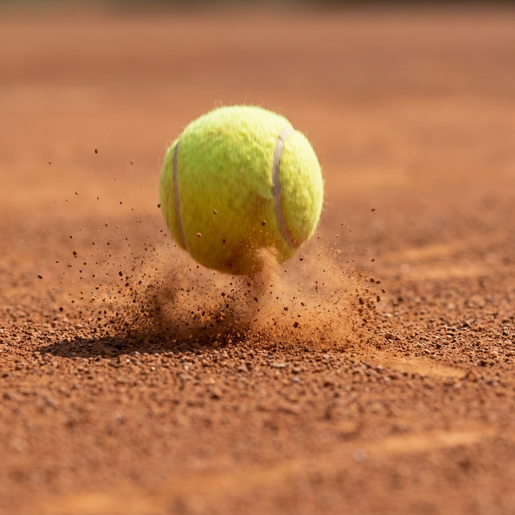 How Surface Type Affects Player Performance close up of a tennis ball bouncing on a clay court showing textured surface and airborne clay dust particles minimalist composition
