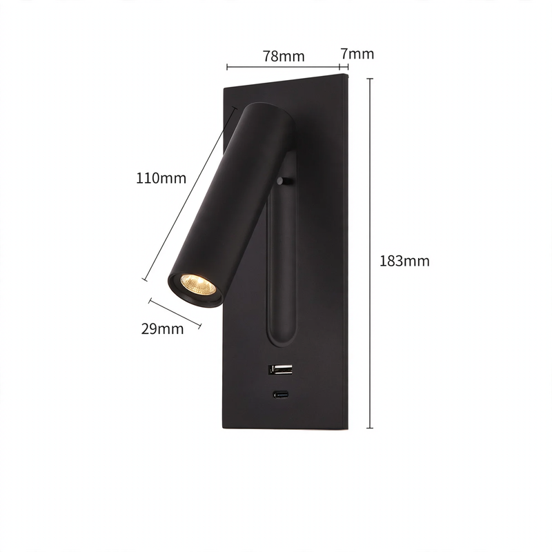 Wall lamp with reading light and USB charging port