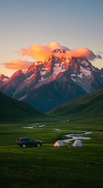 Sunset Camping in Alpine Meadow with Orange Lit Peaks - Free mobile Wallpaper