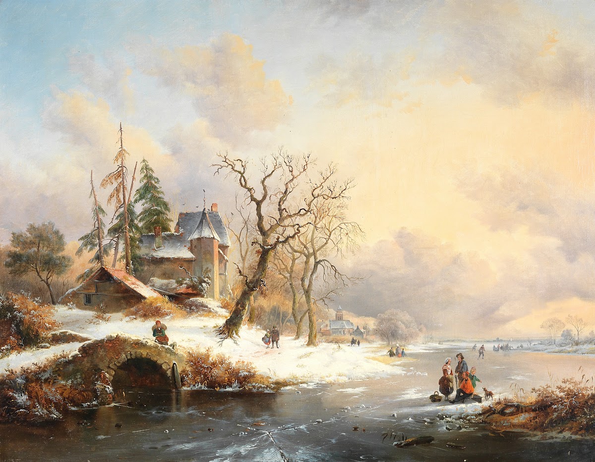 Winter landscape with figures near a mansion