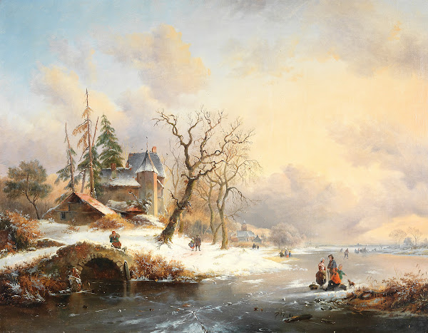 Winter landscape with figures near a mansion