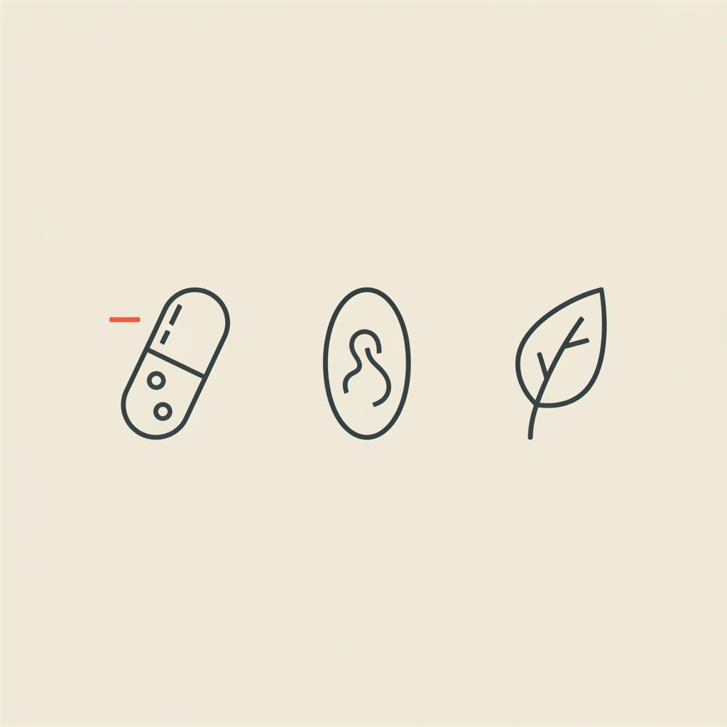 Minimalist line illustration of a capsule, simplified mitochondrion, and leaf representing alpha-lipoic acid daily dosage on beige background #F2E5D5