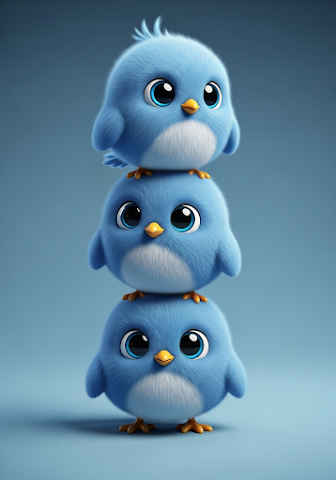 Stack of Fluffy Blue Cartoon Birds