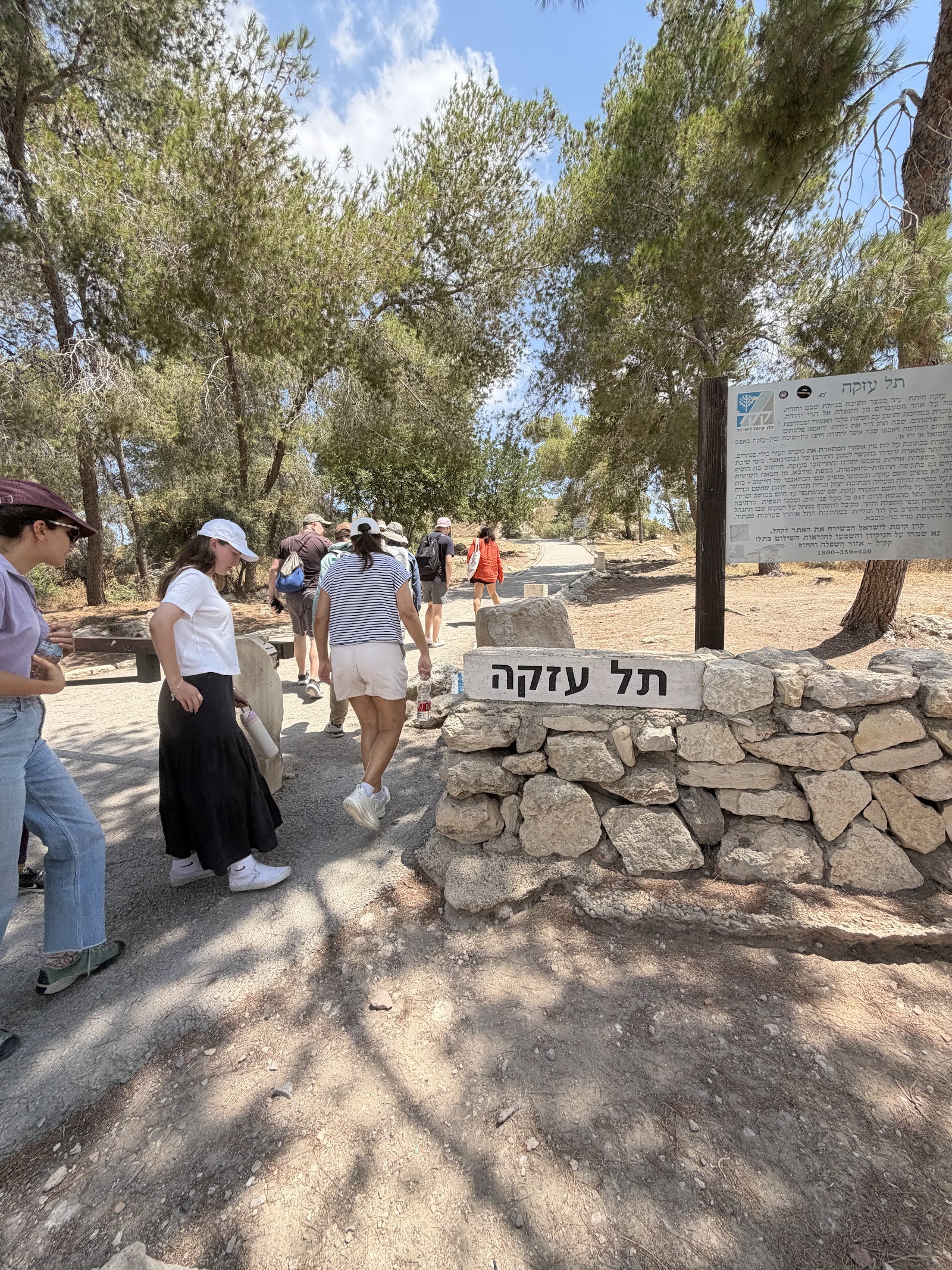 הכניסה לתל עזקה — שלט אבן ושביל עולה בין עצי אורן
