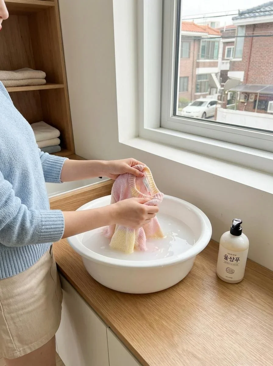 건조대 위에 평평하게 눕혀져 마르고 있는 니트 사진