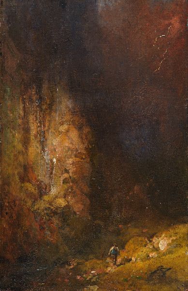 Wanderer in der Gebirgsschlucht bei Gewitter Ca 1860