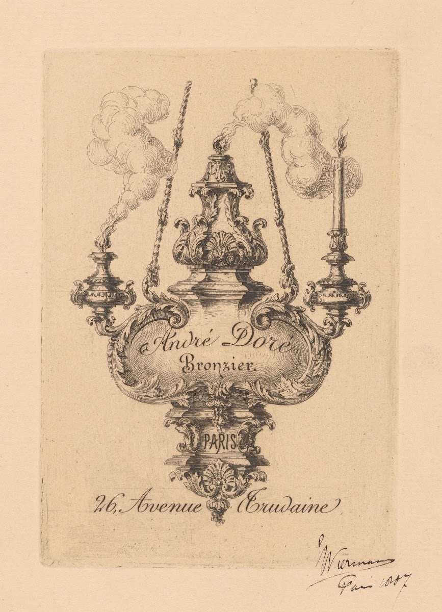 Adreskaart voor André Doré vervaardiger van bronzen kunstvoorwerpen in Parijs 18