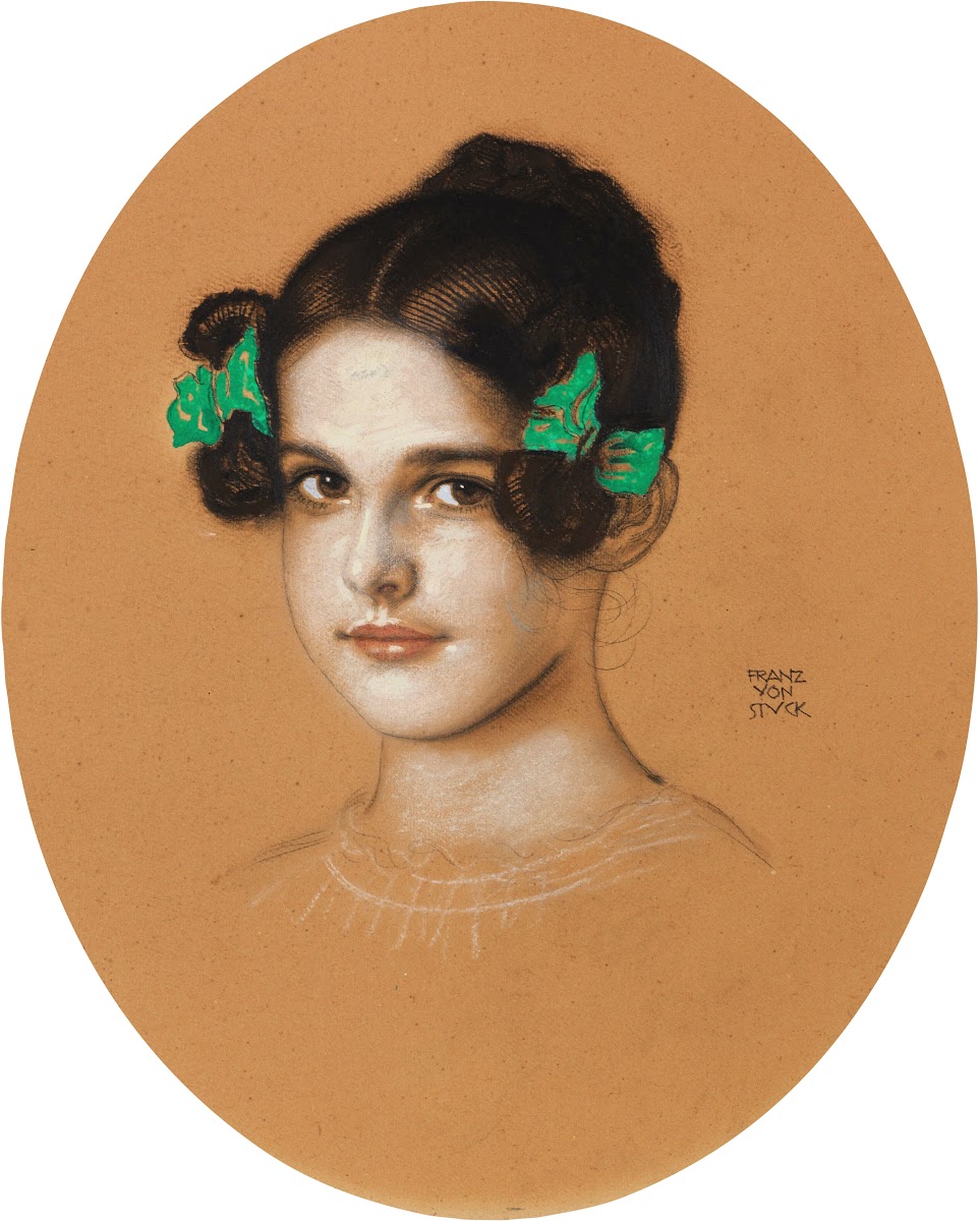 Bildnis der Tochter Mary mit grünen Schleifen ca 1910