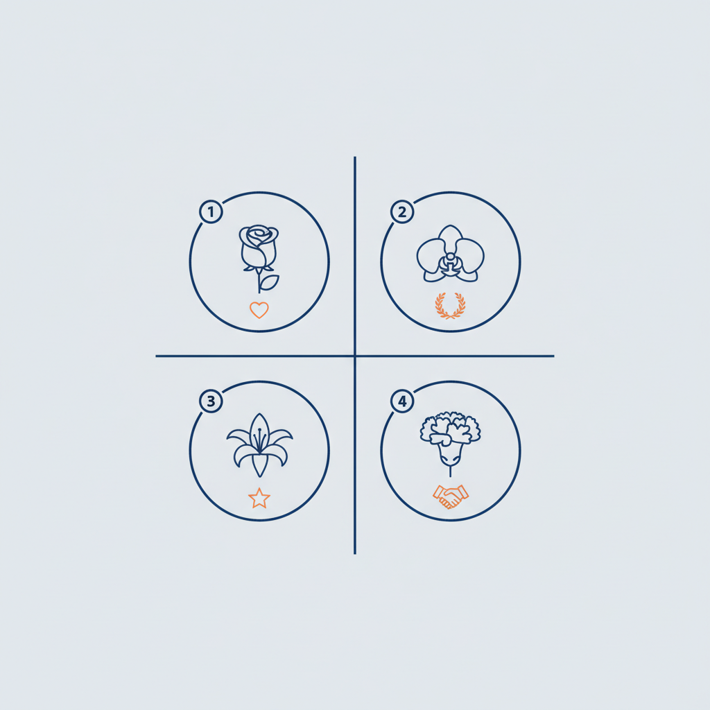 Infografik mit vier Vektor-Icons (Rose, Orchidee, Lilie, Nelke) und symbolischen Piktogrammen in Steelmonks-Farben – blumen zur goldenen hochzeit
