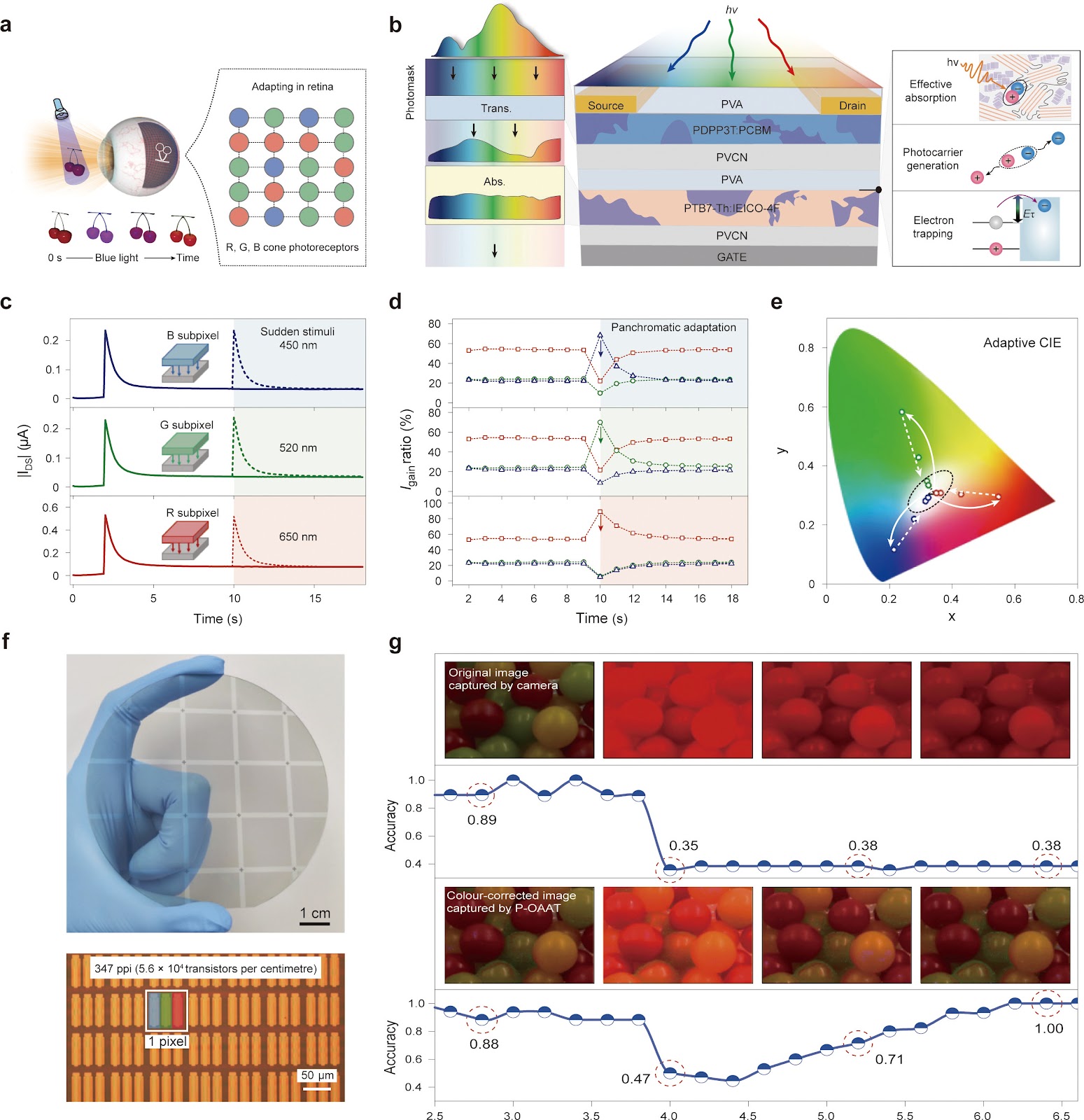 Three-Panchromatic Organic Self-Adaptive Transistors for In-Pixel Color Correction