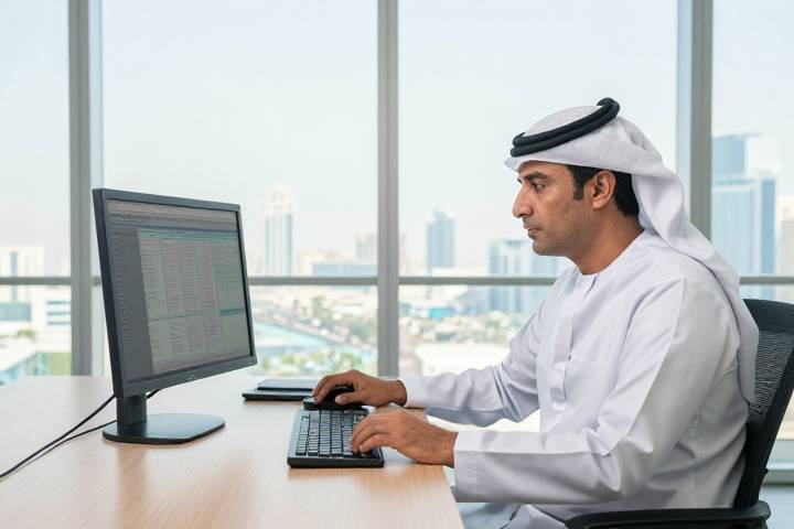 رجل أعمال عربي يعمل بتركيز أمام شاشة الكمبيوتر في مكتب حديث