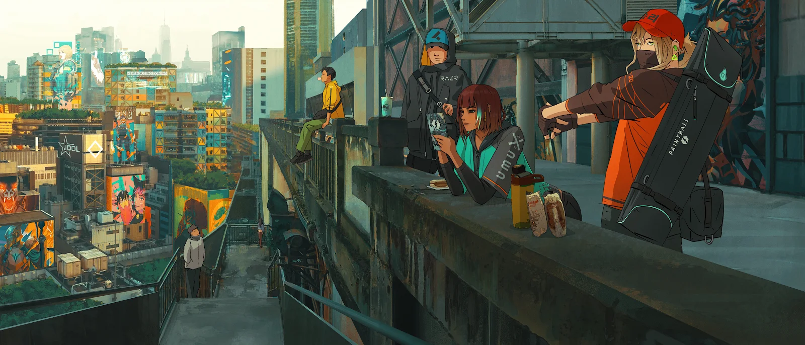 Cyberpunk, Cityscape, Anime, Rooftop 2K Desktop Wallpaper