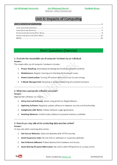 FBISE Class 9 Chapter 6  Impacts of Computing