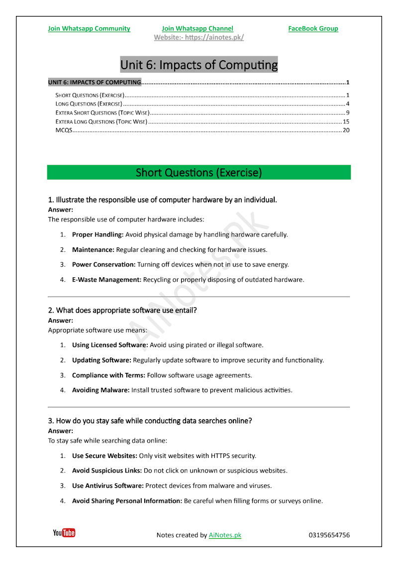 FBISE Class 9 Chapter 6  Impacts of Computing