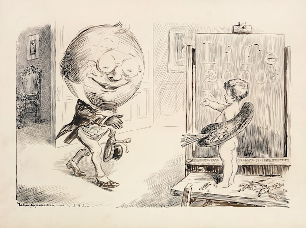 A figure representing the world applauds a young boy representing Life Magazine