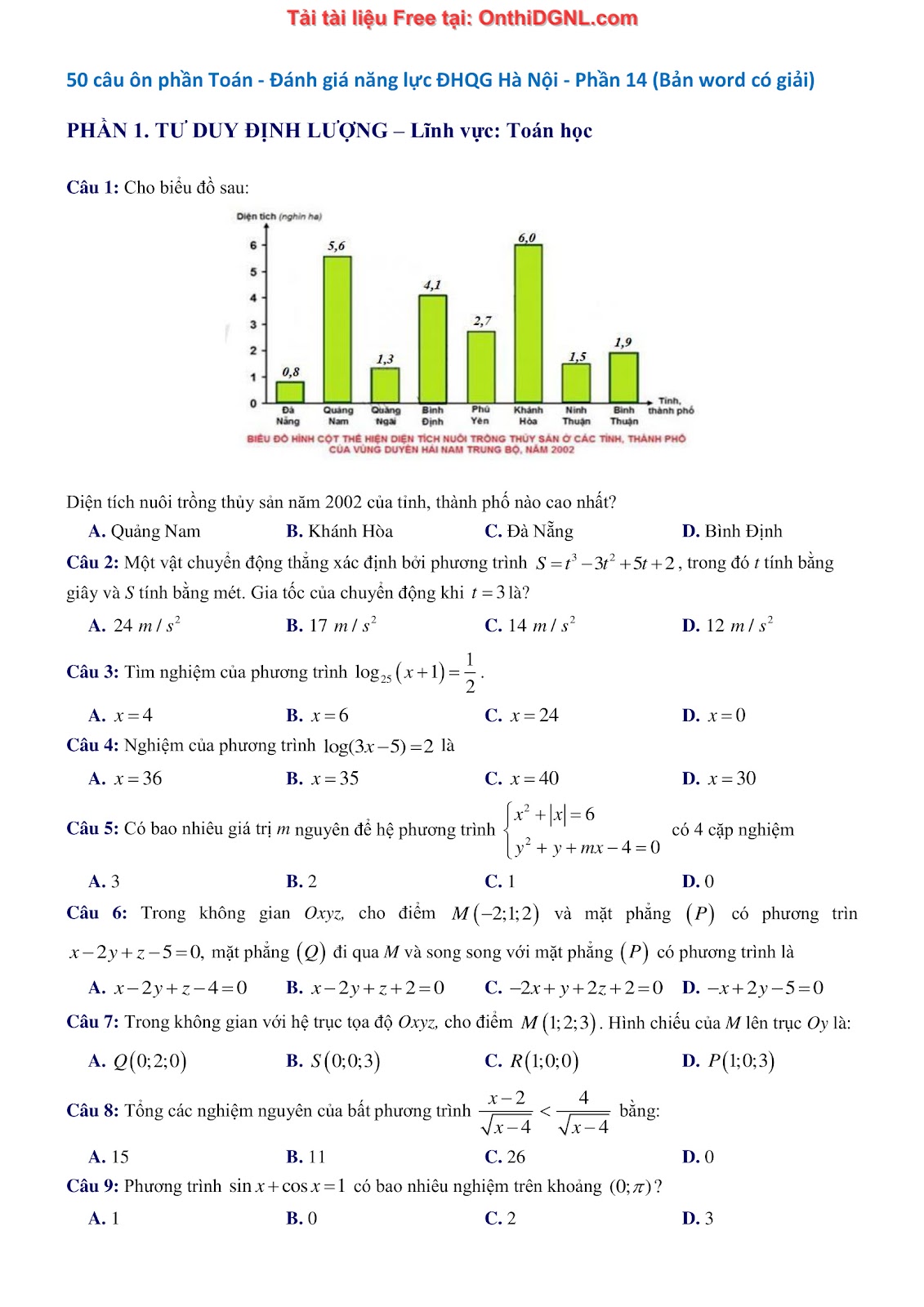 1300 bài tập môn Toán - Ôn thi ĐGNL ĐHQG Hà Nội Phần 14