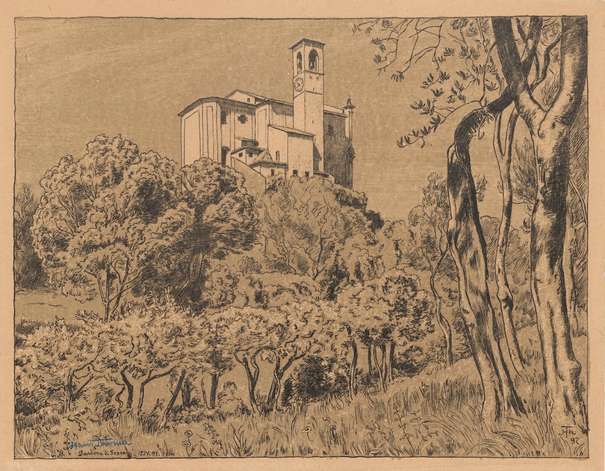 View of the church of St Nicholas the Wonderworker on a hill in Gardone Riviera