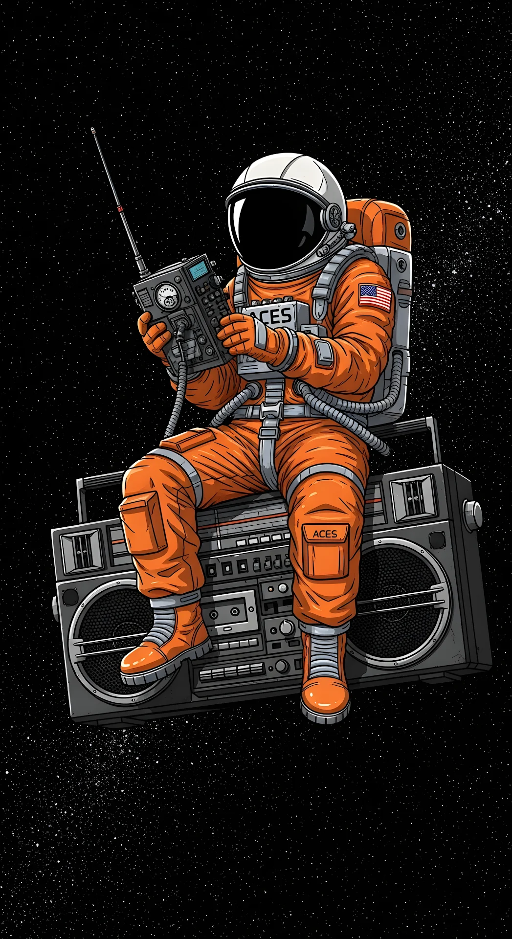 Space Traveler Listening to Radio on a Retro Boombox - Free 4K mobile Wallpaper