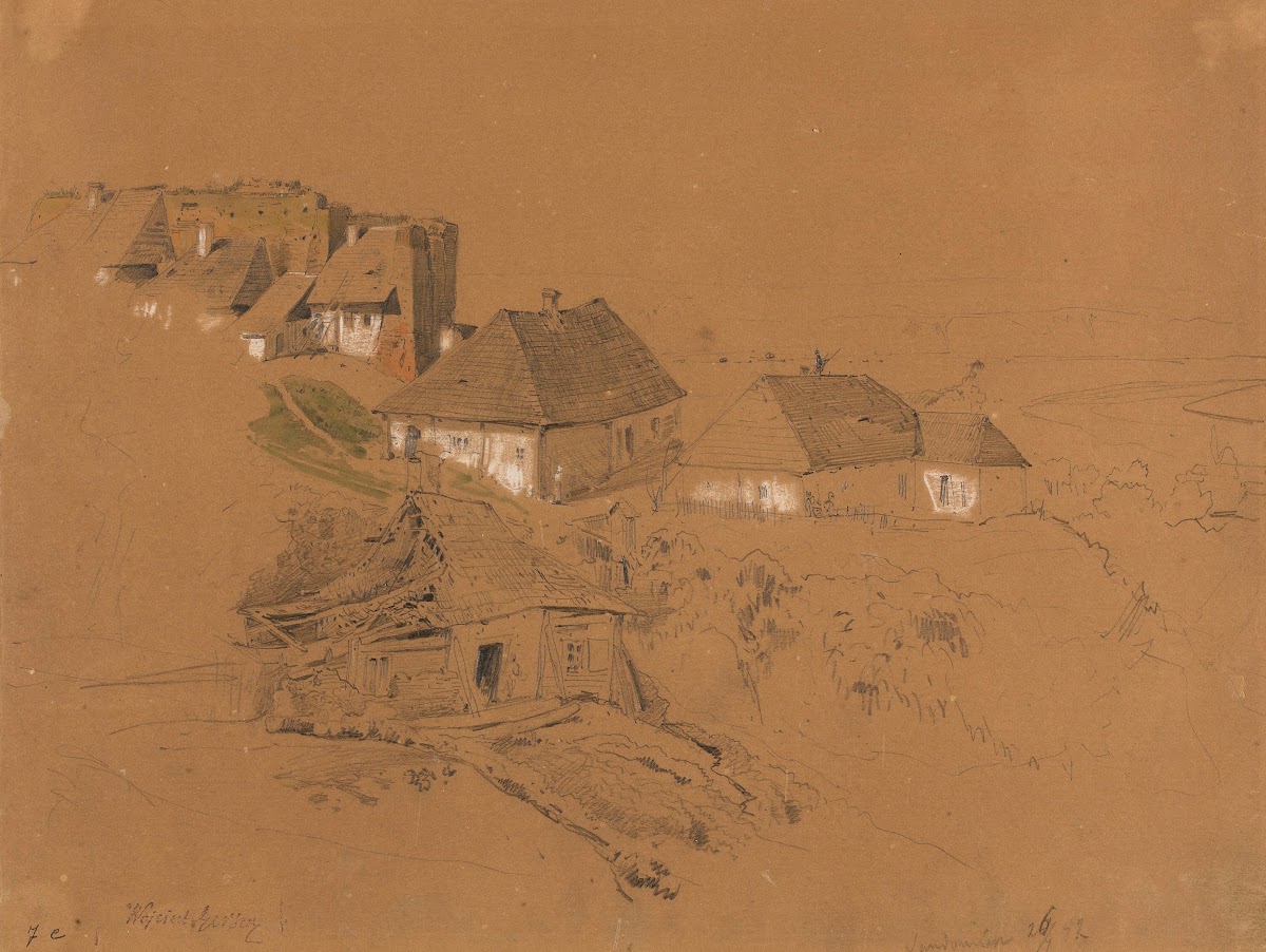 Hill in Sandomierz with ruins of a wall tower and houses 1852