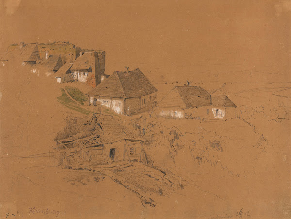 Hill in Sandomierz with ruins of a wall tower and houses 1852