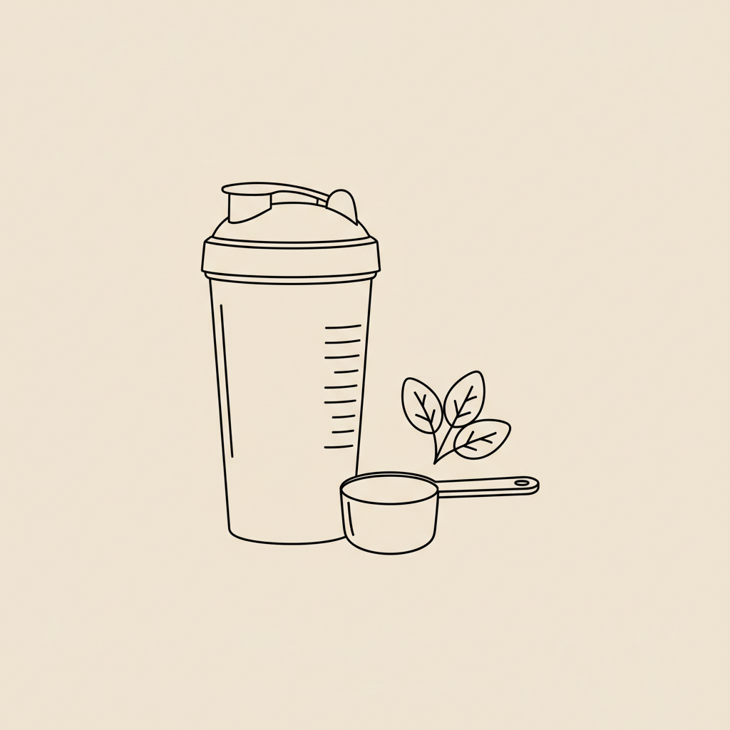 Minimalist line illustration of a shaker bottle, protein scoop, and spinach sprig on beige background, representing clean protein shakes.