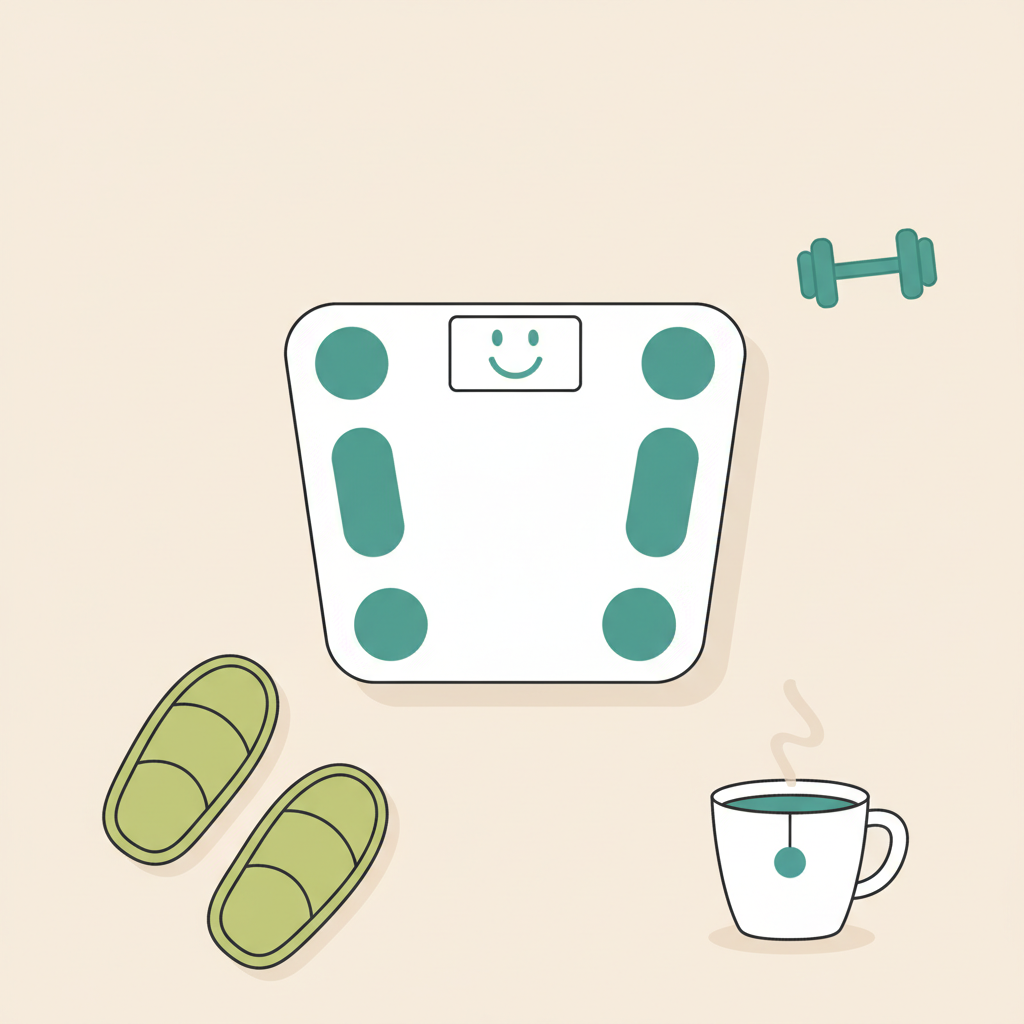 Ruhige 2D-Vektorillustration: Waage mit Smiley-Anzeige, Hausschuhe, Tasse Tee und dezente Hantel-Silhouette in Vegardians-Farben – Wie kann ich mich fürs Gym motivieren