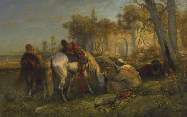 Two Reclining Arabs and Two Tethered Horses