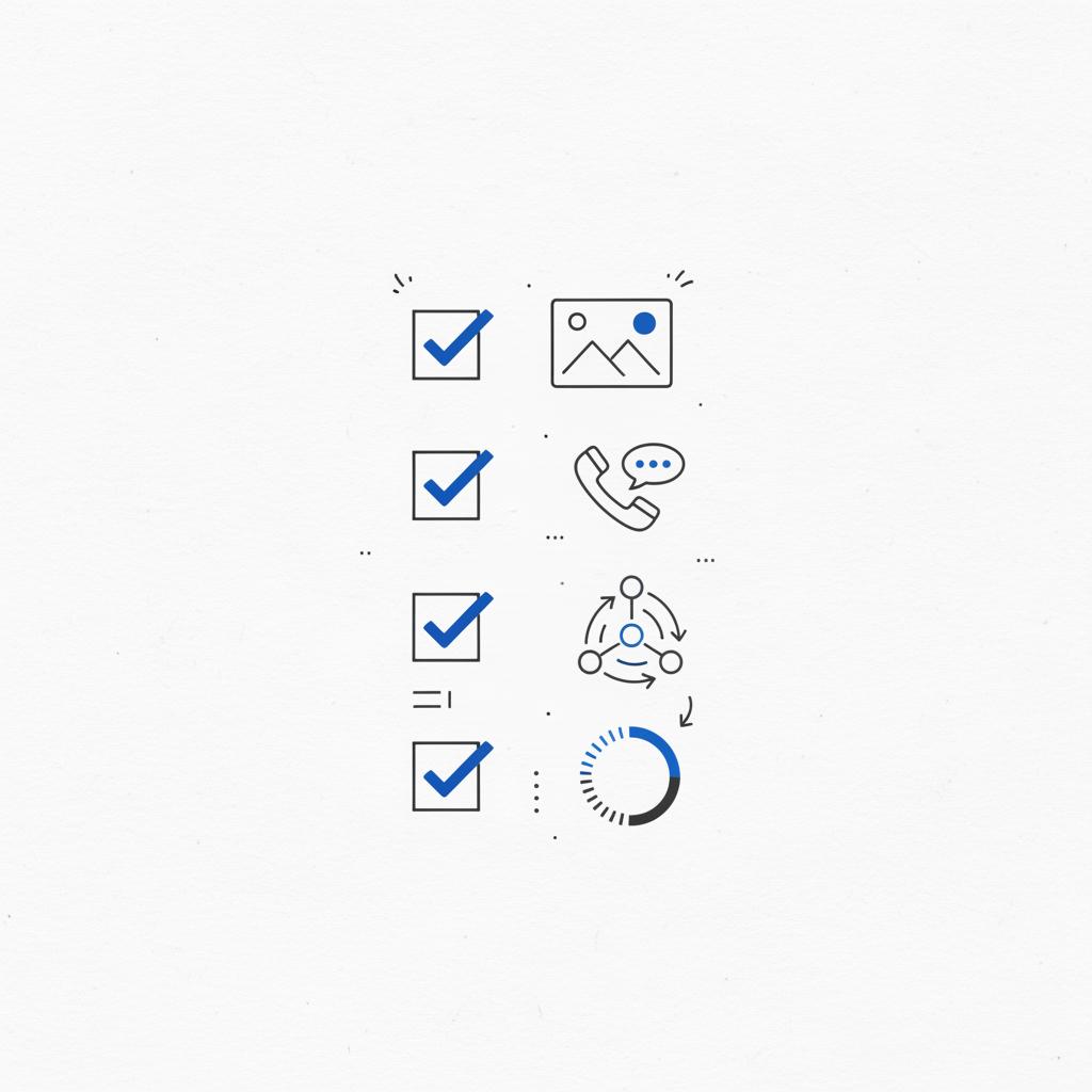 Minimalist vector checklist page with icons for GBP photos, phone script, referral outreach, and a 30-day test, designed for how to get clients for my cleaning service