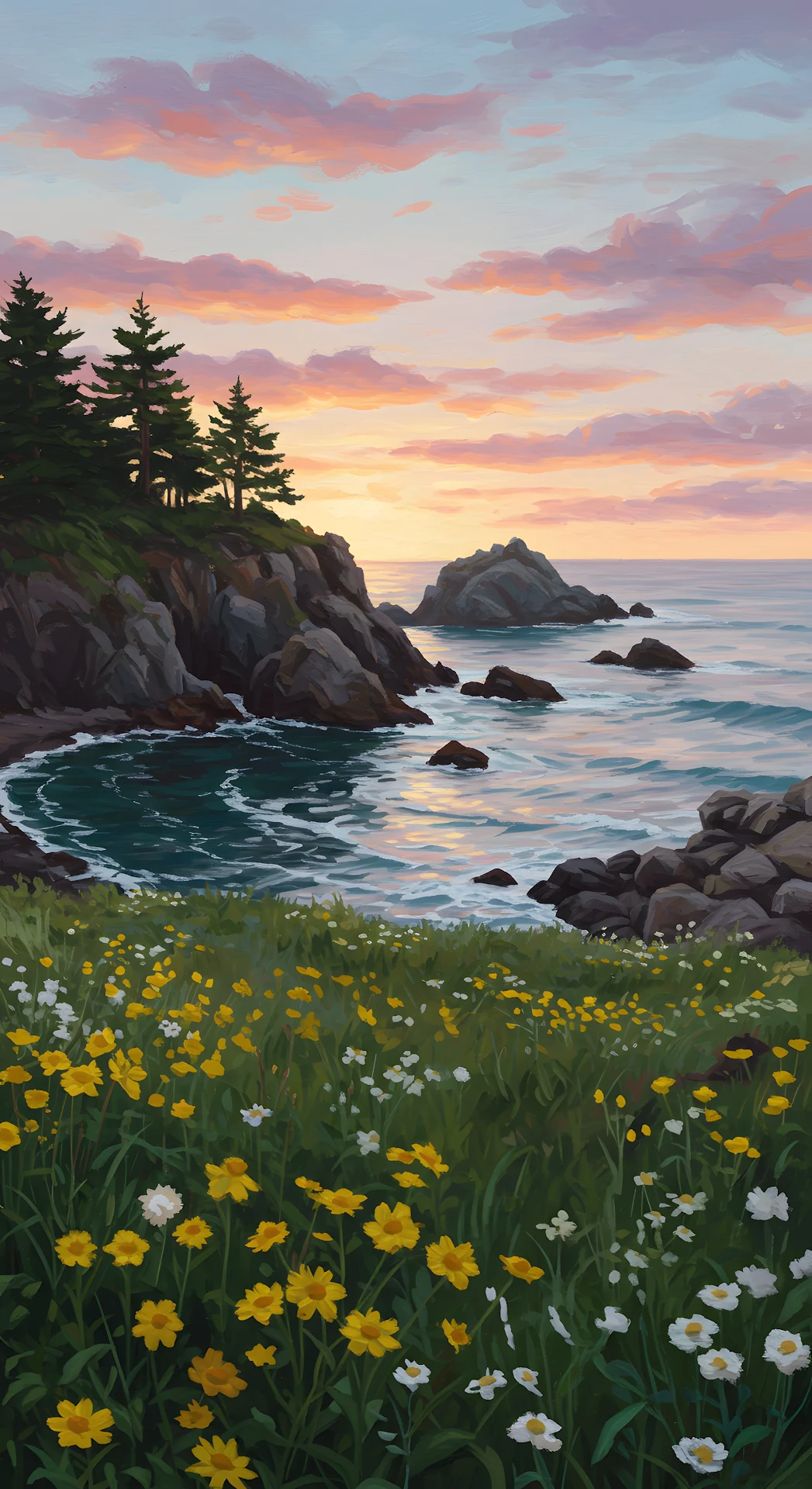 Painterly Coastal Cove with Wildflowers at Dusk - Free 4K mobile Wallpaper